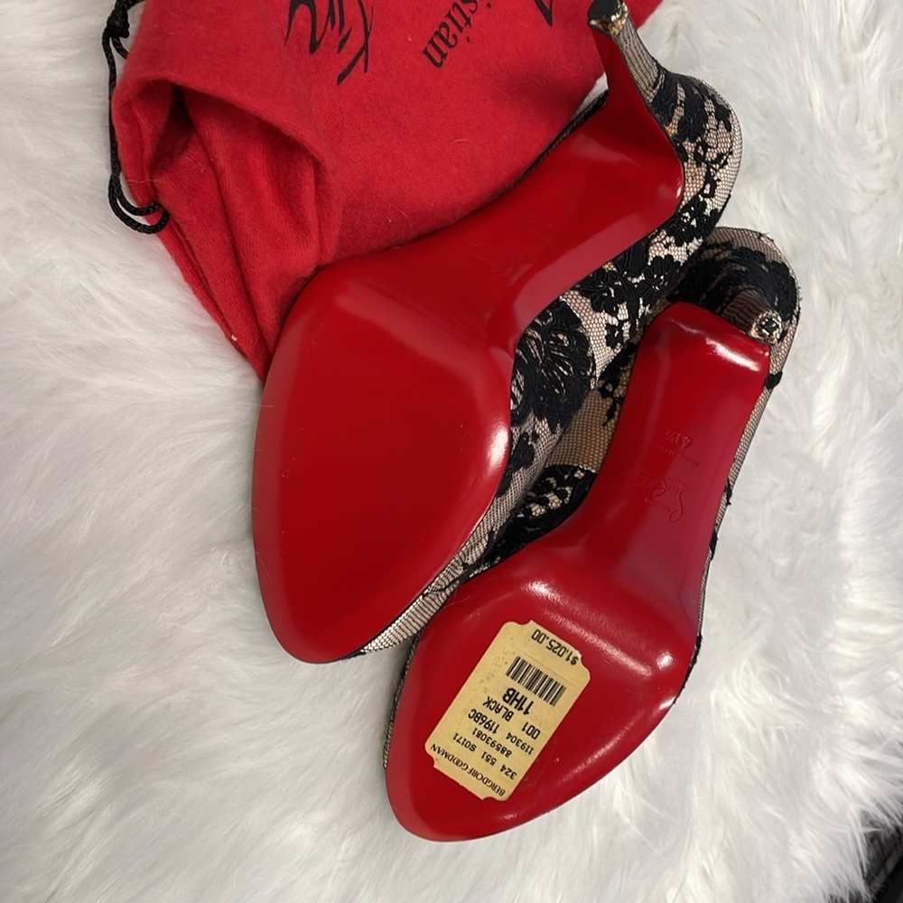 Christian Louboutin Nude and Black Lace Peep-Toe Pumps with Red Sole - Picture 4 of 5